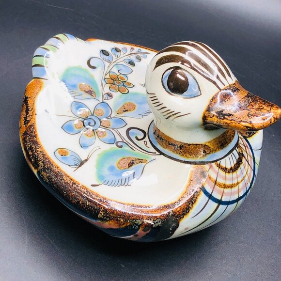 Vintage Ken Edwards Tonala Pottery DUCK, Folk Art Blue Bird Butterfly Florals - Picture 2 of 13